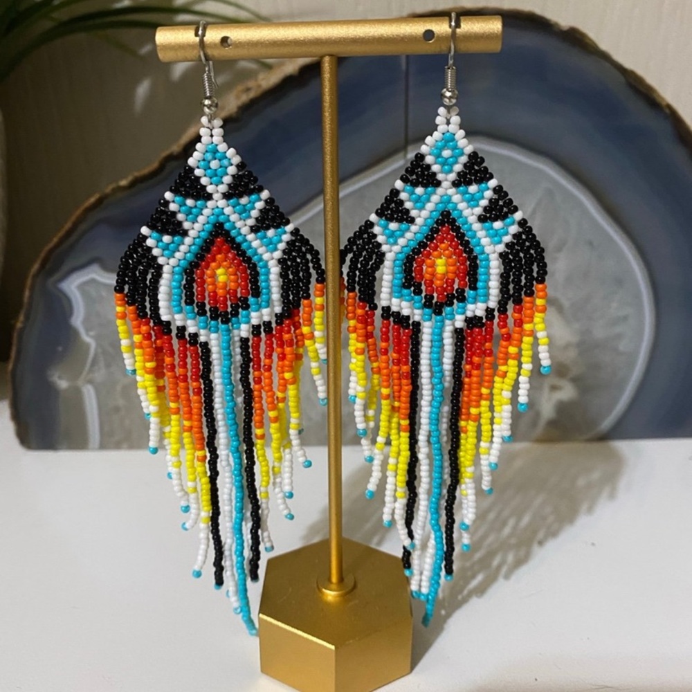 Handmade Beaded Fringe Earrings in Turquoise, Black & Orange